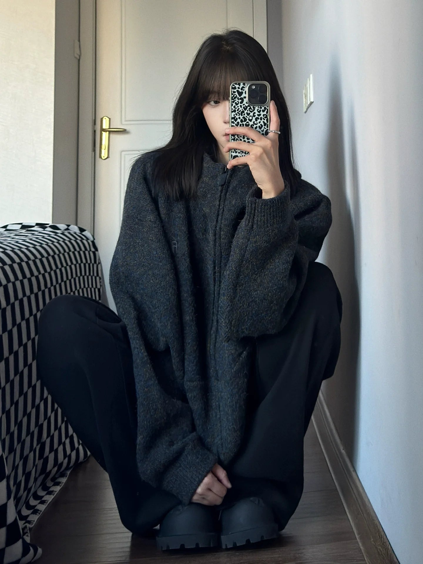 Oversized Hooded Knitted Cardigan Thick Loose Sweater Top