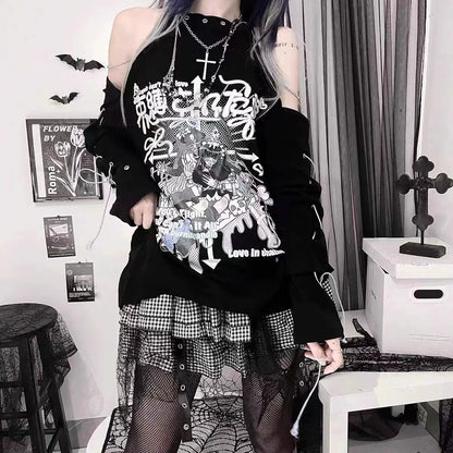 Black Tie Top with Cross Necklace Punk Y2K T-Shirt