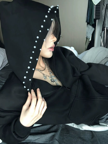 American High Street Black Studded Hoodie Jacket Autumn-Winter Heavy Zip-Up Design Top