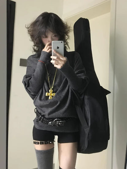 Gray Y2K Retro Asymmetrical High-Neck Bat-Sleeve Sweater