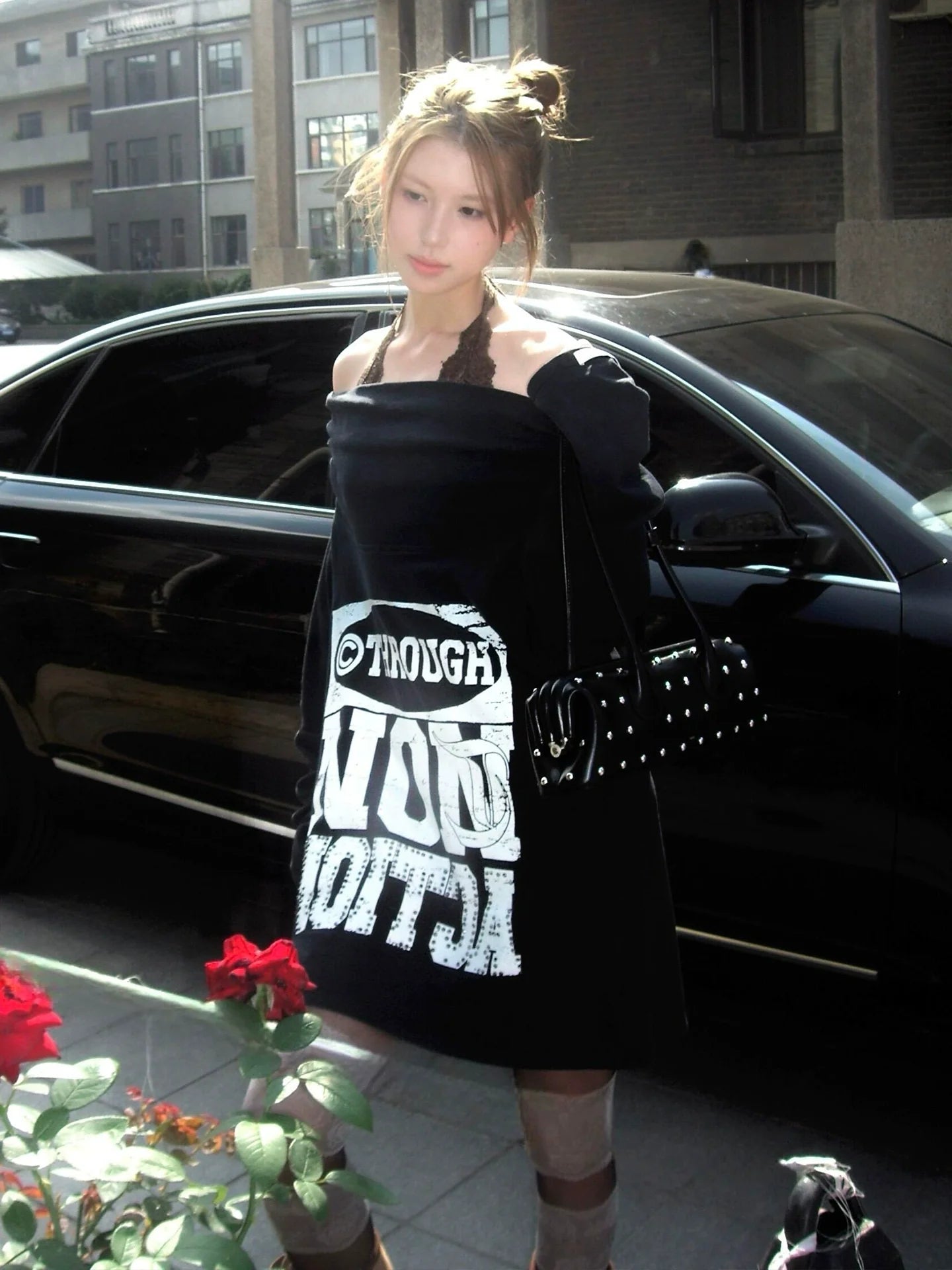 American Hot Girl Off-Shoulder Long Sleeve Tee  Rhinestone Print Lazy Chic Top