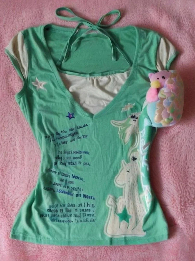 Old-School Green Fake Two-Piece Light Subculture Y2K T-Shirt