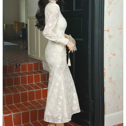 French V-Neck Long Sleeve Mermaid Gown Dress