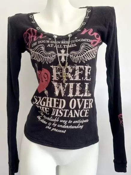 Black Subculture Gothic Rock Punk Y2K Shibuya Girl Letter Print Abi Long Sleeve Top