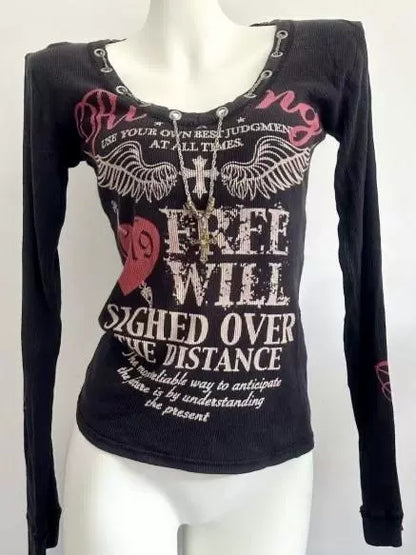 Black Subculture Gothic Rock Punk Y2K Shibuya Girl Letter Print Abi Long Sleeve Top