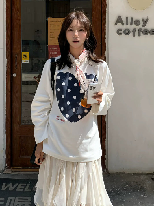 Korean White Heart Dot Long Sleeve Tee