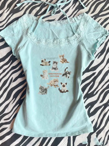 Light Blue Lace Square Neck Y2K T-Shirt