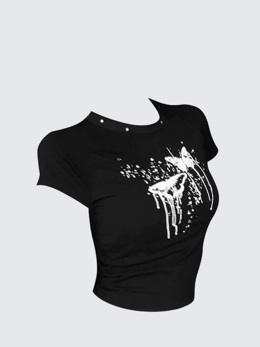 Black Butterfly Cutout Crop Top