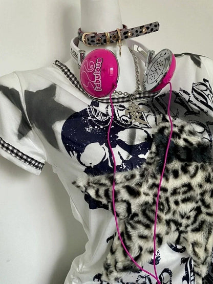 White Leopard Print Subculture Rock Punk Y2K E-girl Abi American Retro Slim Short Sleeve Top