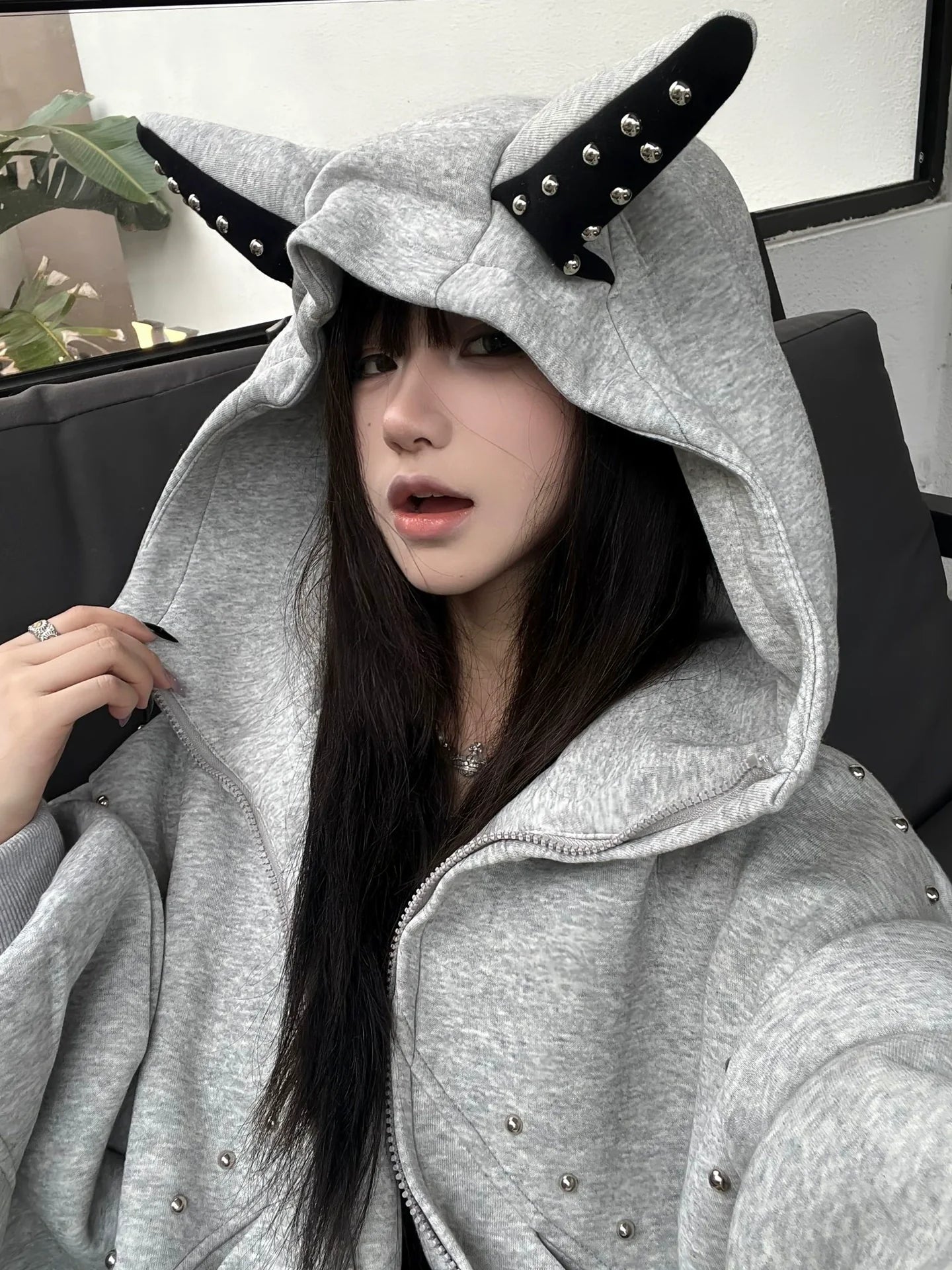 American Doberman Zip-Up Hoodie Studded Heavyweight Sweatshirt