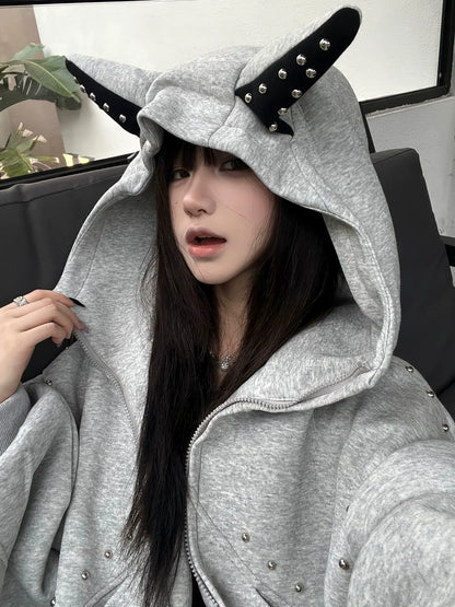 American Doberman Zip-Up Hoodie Studded Heavyweight Sweatshirt