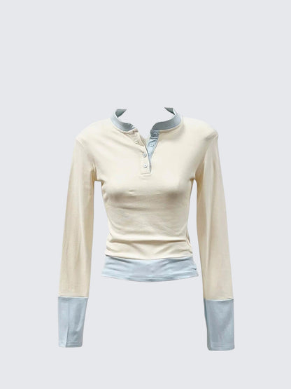 Korean Fake Two Piece Colorblock Henley T-shirt