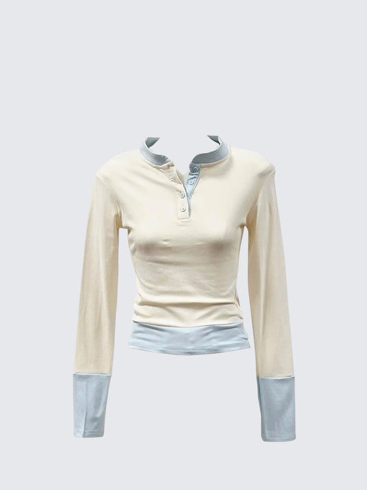 Korean Fake Two Piece Colorblock Henley T-shirt