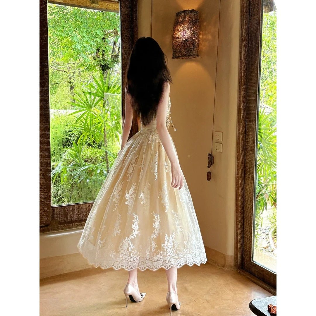 French Lace Embroidered Mesh Gown Dress