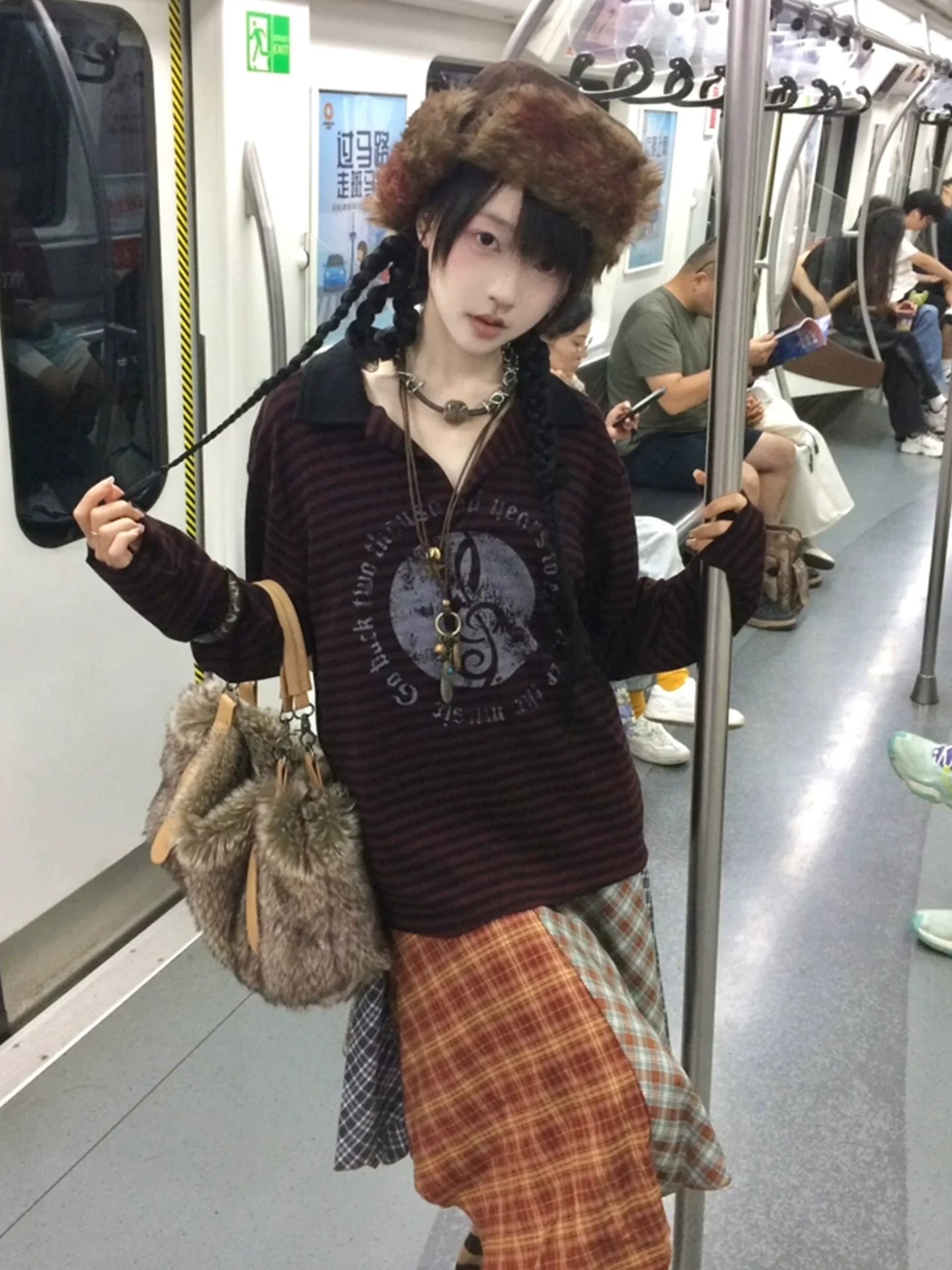 Subculture Black-Red Stripe Long Sleeve Tee Musical Print Polo Top