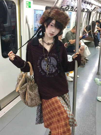 Subculture Black-Red Stripe Long Sleeve Tee Musical Print Polo Top