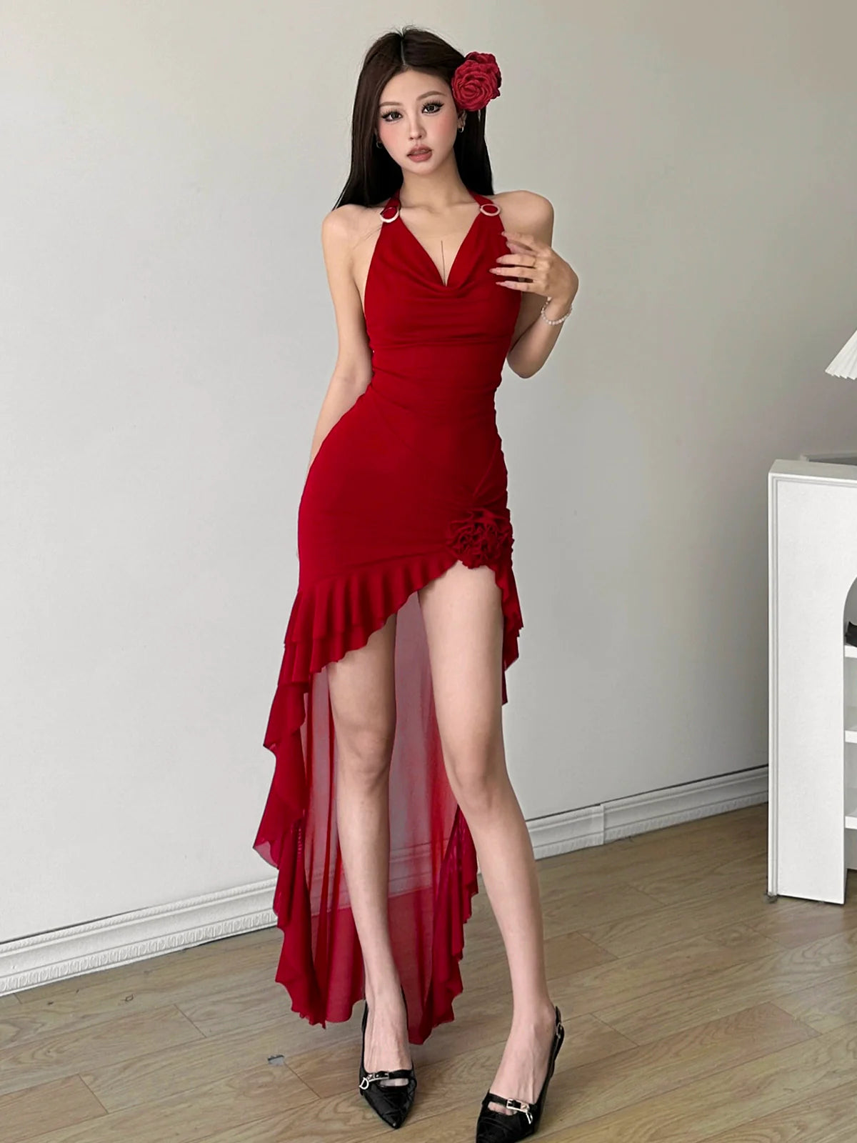 Soft Elegant Cowl-Neck Halter Sleeveless Ruffled Panel Figure-Flattering Asymmetrical Dress