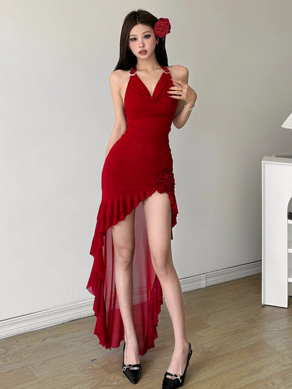 Soft Elegant Cowl-Neck Halter Sleeveless Ruffled Panel Figure-Flattering Asymmetrical Dress