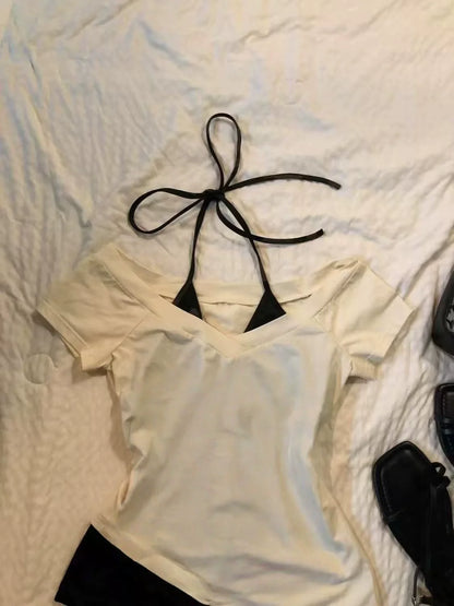 Apricot Subculture Y2K E-girl Abi American Retro V-neck Fake Two-Piece Halter Short Sleeve Top