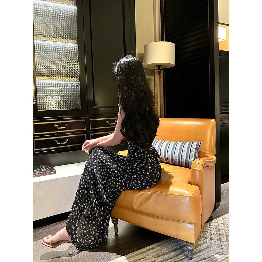 Black Floral French Fly-Sleeve Gown Dress