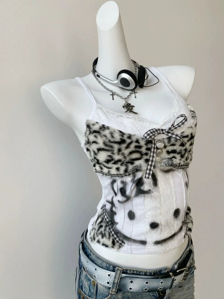 Fuzzy Leopard Print Cat Panel Y2K Tank Top