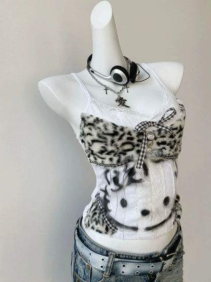 Fuzzy Leopard Print Cat Panel Y2K Tank Top