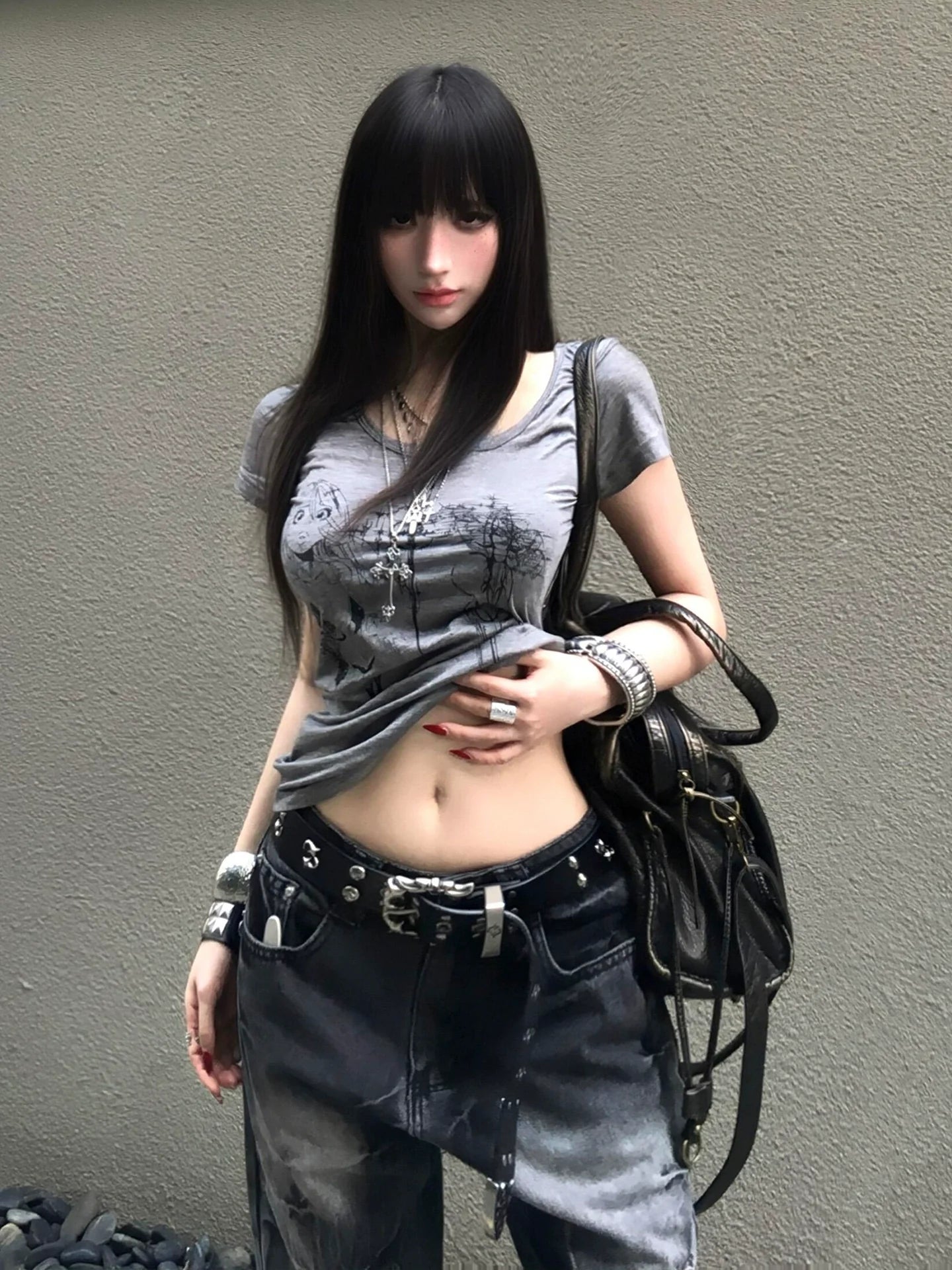 Subculture Distressed Fitted Short Sleeve Tee Y2K Light Asian Vintage Top