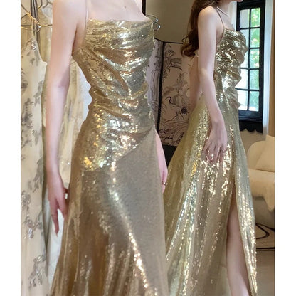Gold Spaghetti Strap Sequin Mermaid Gown Dress
