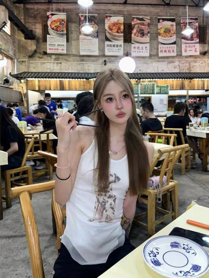 White Mesh Fake Two-Piece Dog Print Y2K Tank Top