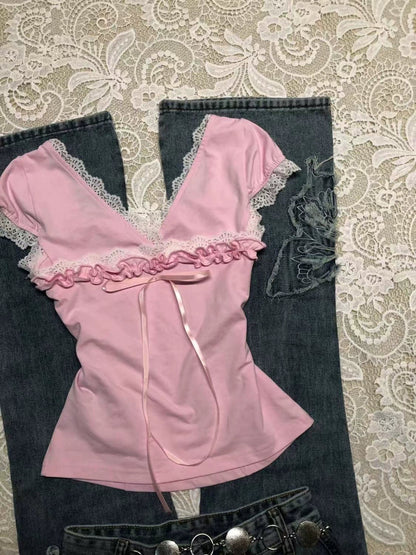 Pink Subculture Y2K E-girl Abi American Retro Lace & Bow Short Sleeve Top