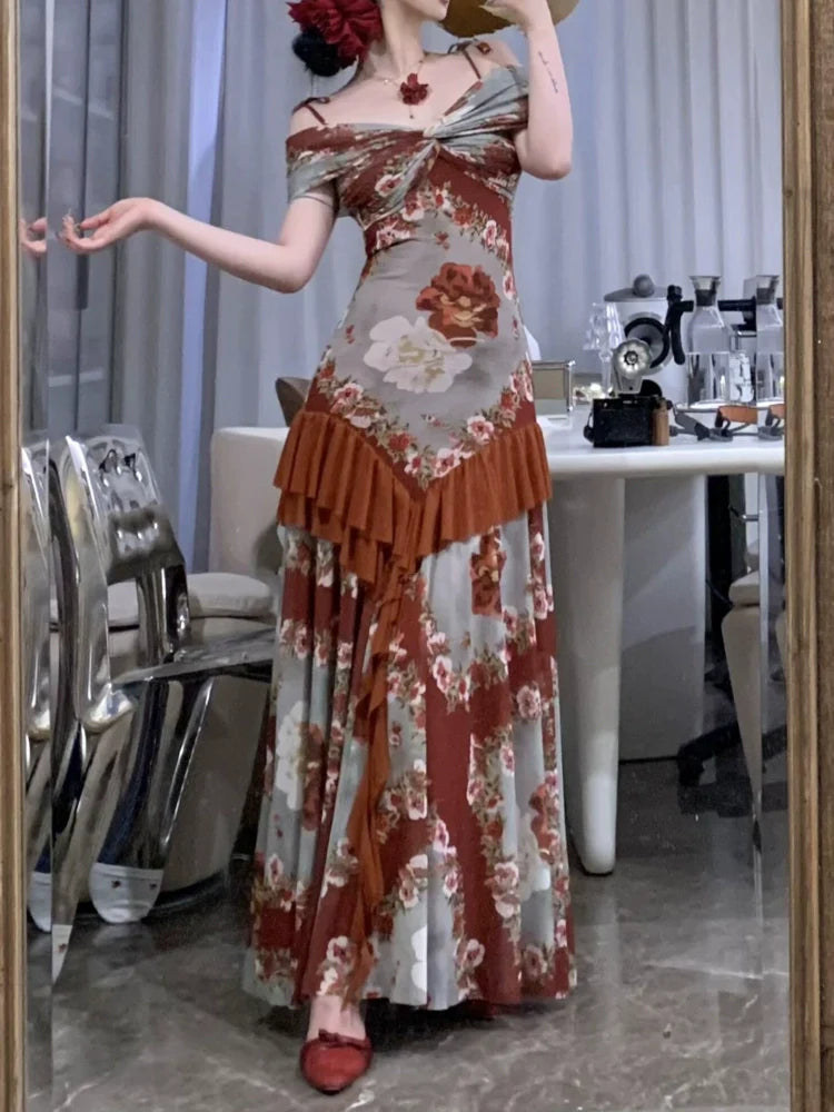 Broken Rose Print Paneled Stretchy Slip Dress