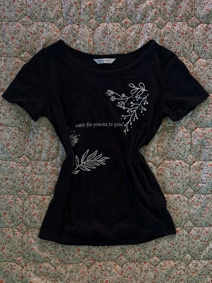 Black Chinese-Style Retro Print Waist-Cinched Y2K T-Shirt