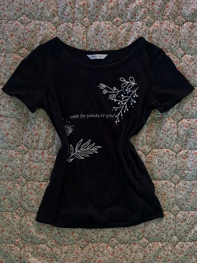 Black Chinese-Style Retro Print Waist-Cinched Y2K T-Shirt