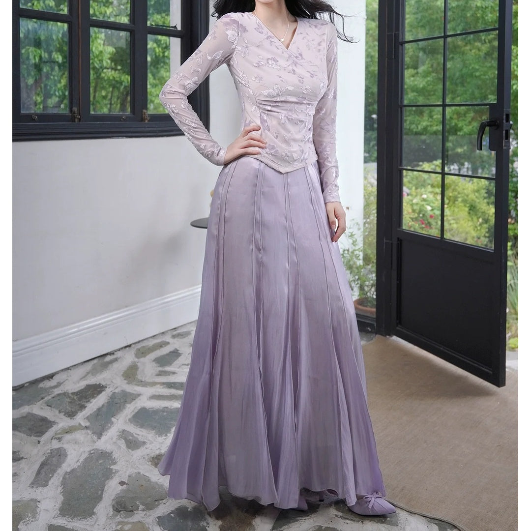 Purple V-Neck Long Sleeve Set Gown Prom Dress