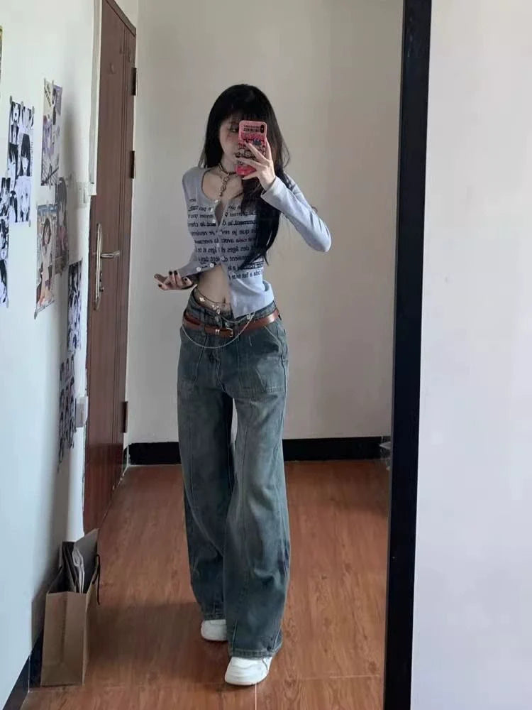 Gray Letter Print Light Subculture Y2K E-girl American Retro Long Sleeve Top