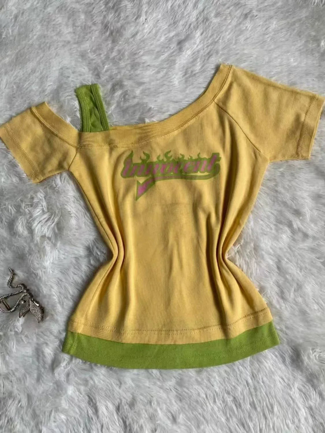 Yellow Subculture Y2K E-girl Abi American Retro Vintage Asymmetrical Print Short Sleeve Top