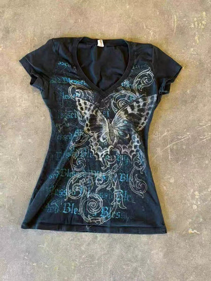 Tie-Dye Butterfly Subculture Y2K Shibuya Girl Abi American Vintage V-neck Slim-Fit Top