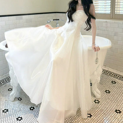 French White Satin Spaghetti Strap Gown Dress