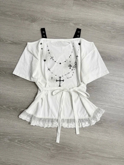 White Ribbon Ripped Y2K T-Shirt