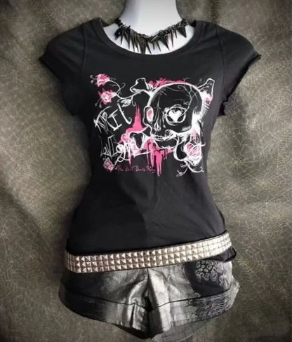 Black Subculture Punk Y2K E-girl Abi American Retro Skull Print Short Sleeve Top (Style 2)