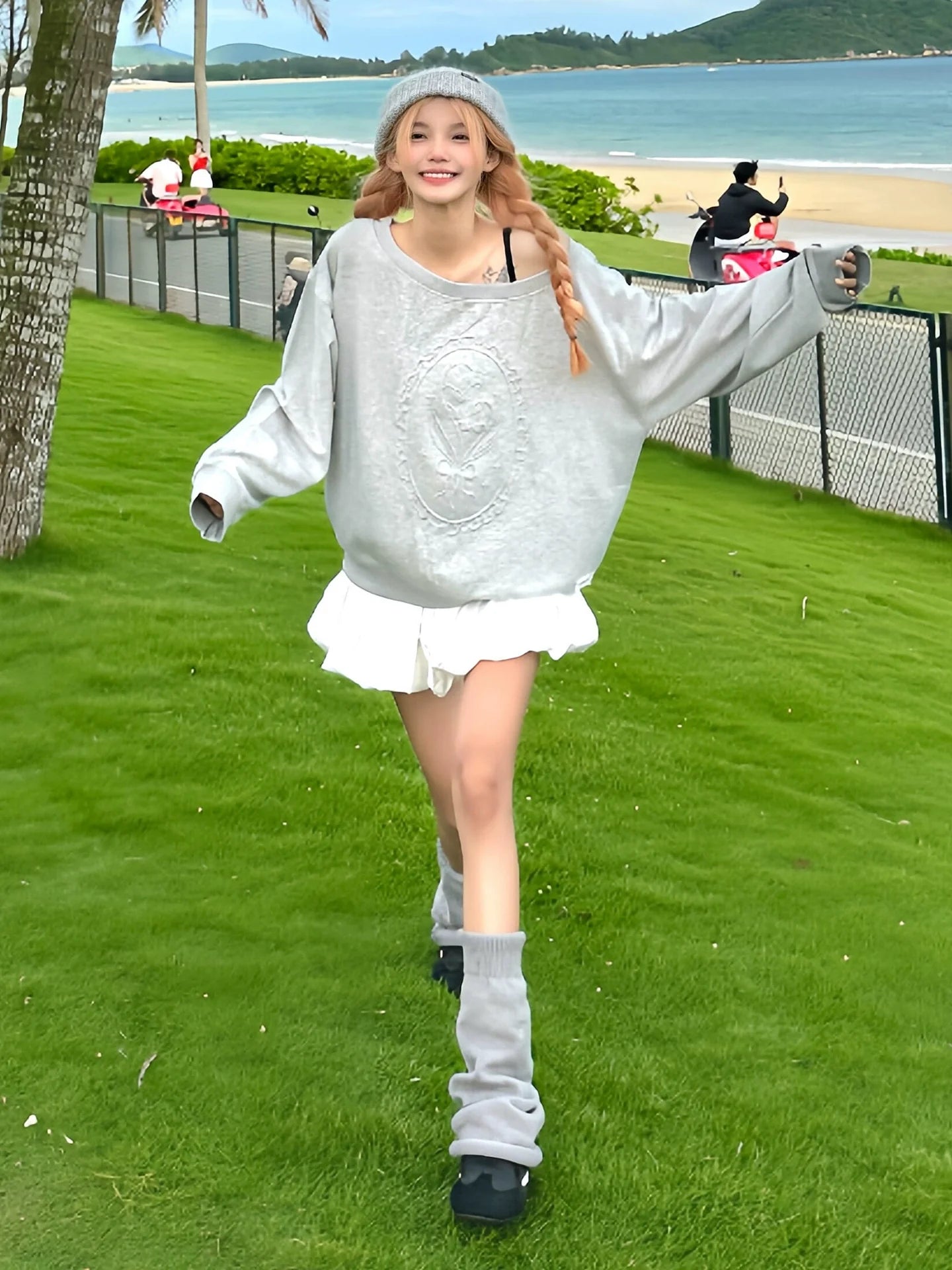 Retro Gray One Shoulder Embossed Bouquet Sweatshirt