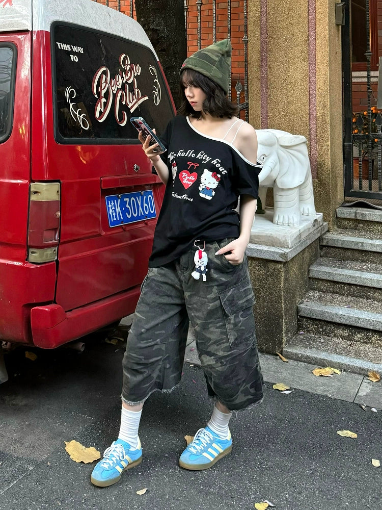 American Black Off-Shoulder Tee Kitty Print Loose Top