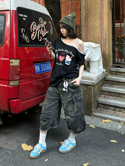 American Black Off-Shoulder Tee Kitty Print Loose Top