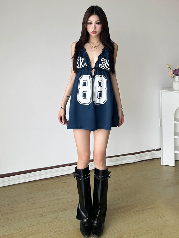 Western Edgy Style Color-Block Number Print Camisole Dress