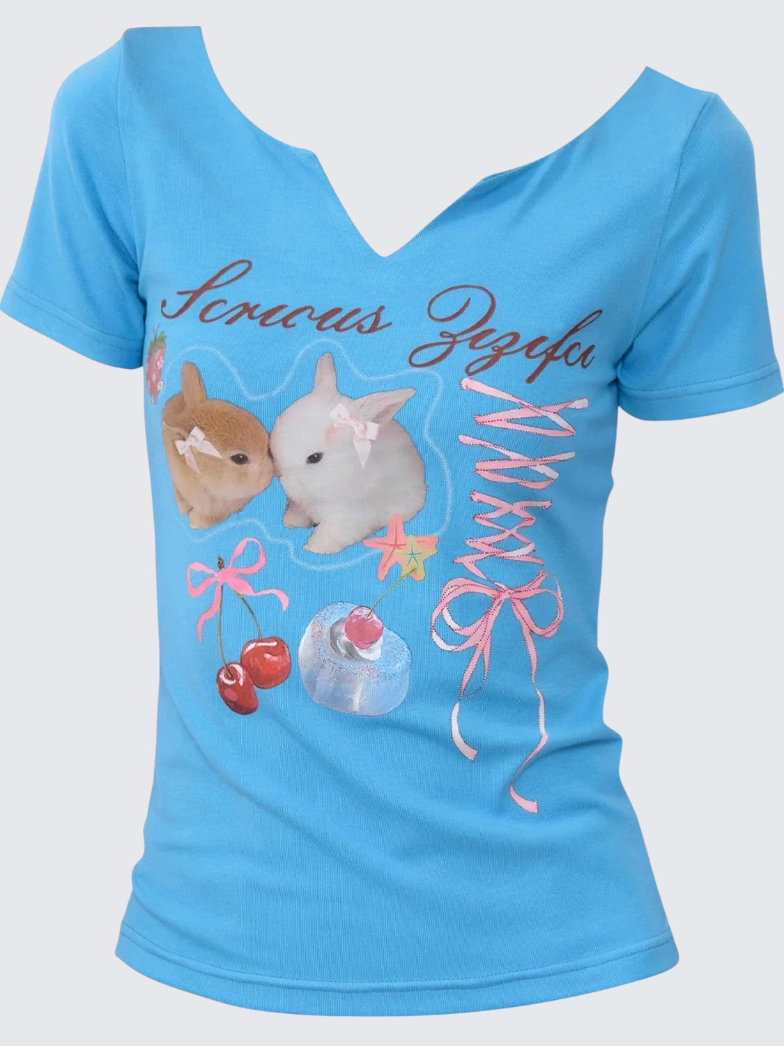 Vintage V Neck Rabbit Print Tee