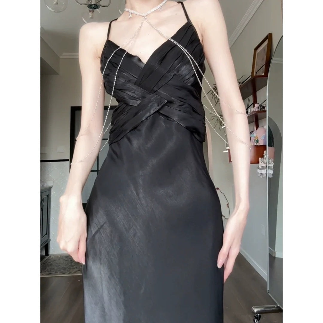 Audrey Hepburn Style Black Cross Satin Spaghetti Strap Gown Dress