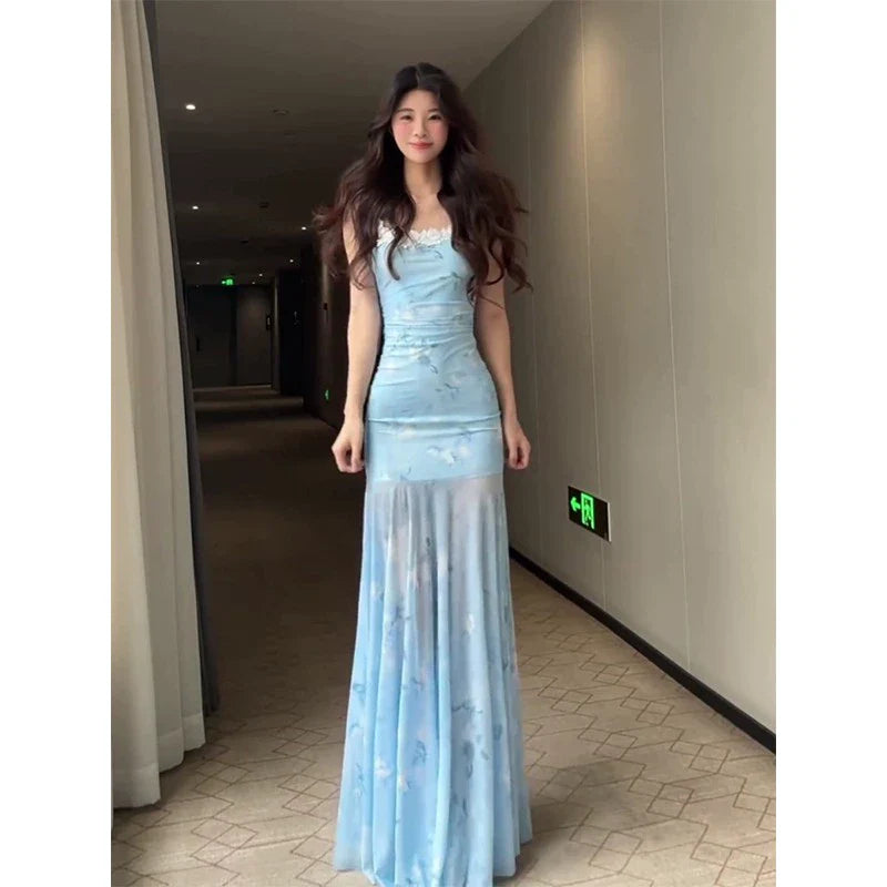 French Blue Lace Tulle Camisole Mermaid Bodycon Maxi Dress