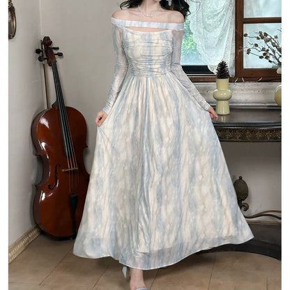 French Blue Printed One Shoulder Long Sleeve Gown Dress