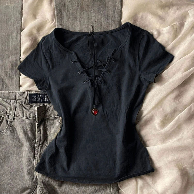 Army Green Subculture Original Y2K E-girl Retro V-neck Tie-Detail Slim-Fit Short Sleeve Top