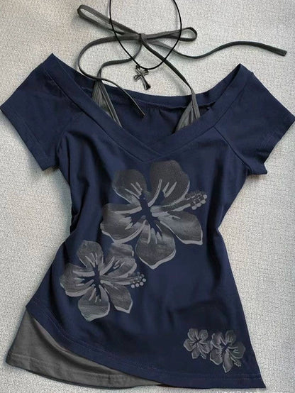 Dark Blue Twin-Flower Fake Two-Piece Subculture Y2K E-girl Abi Vintage Tie Light Subculture Short Sleeve Top